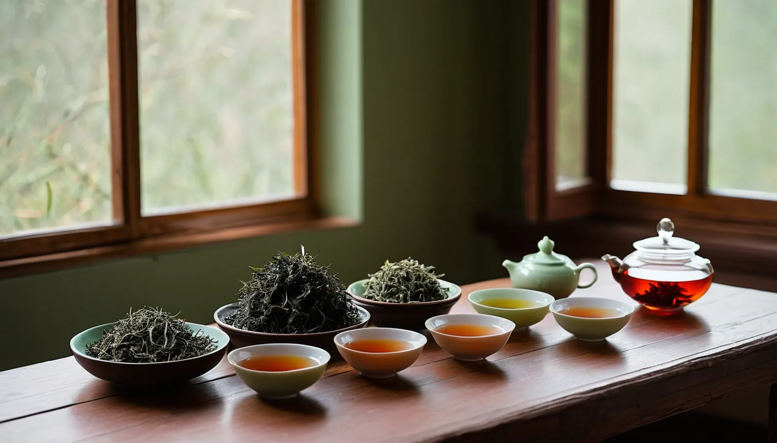 Tasting table with bowls of dry tea leaf and cups ranging from pale green to red-brown