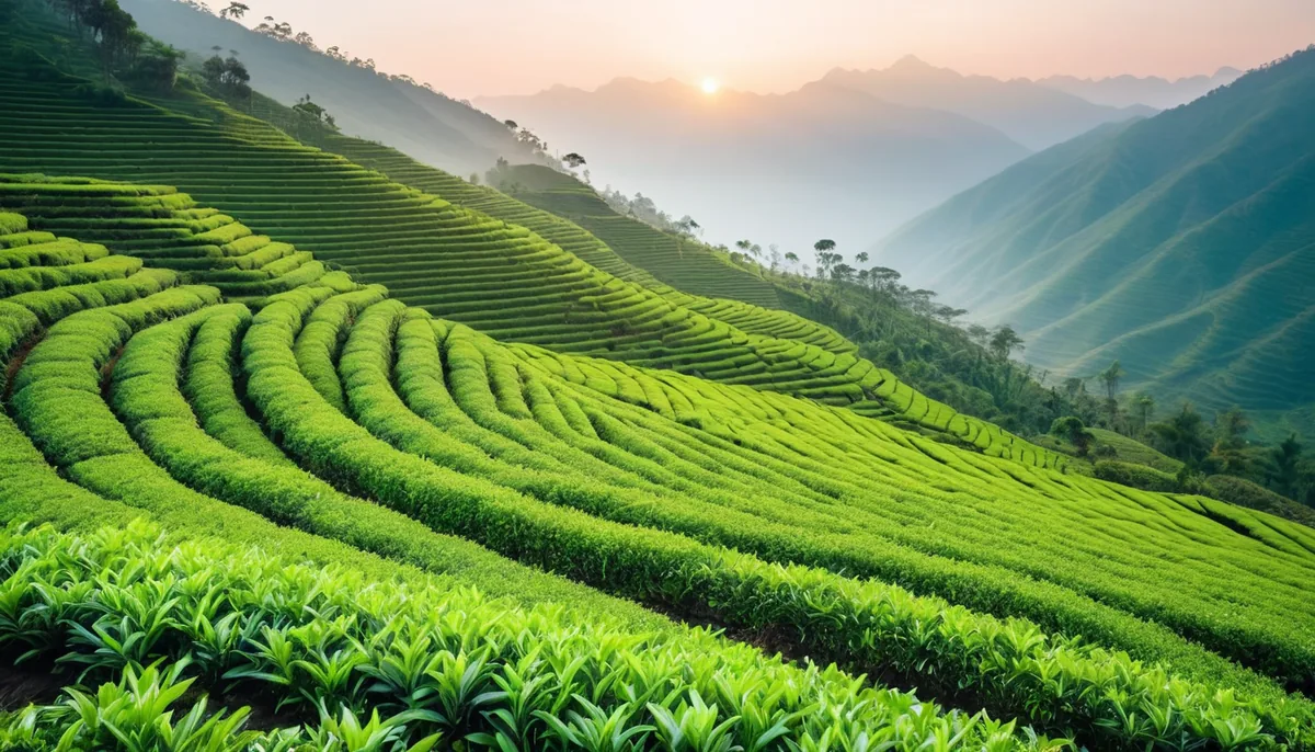 Terraced tea plantation at sunrise